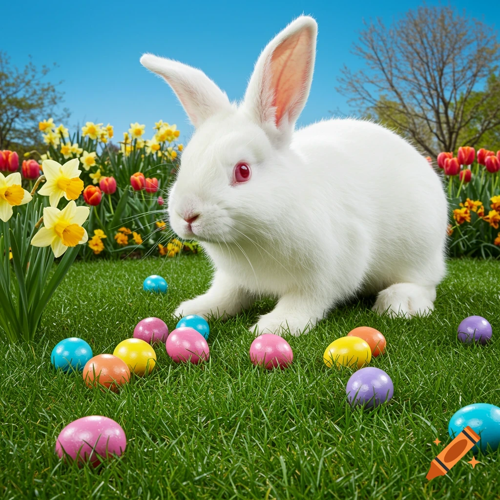 A white rabbit among colorful Easter eggs and spring flowers in a grassy field.