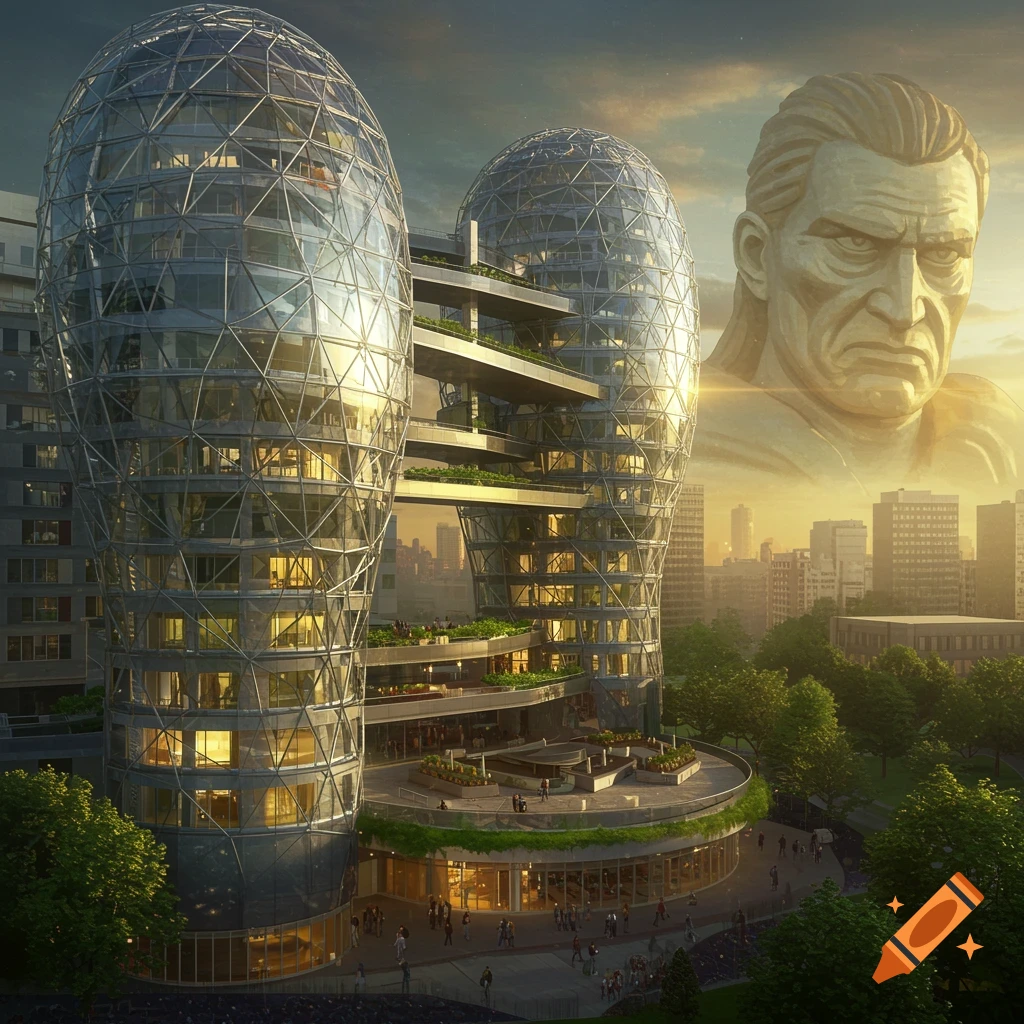A modern building with glass domes and a giant statue overlooking a city.