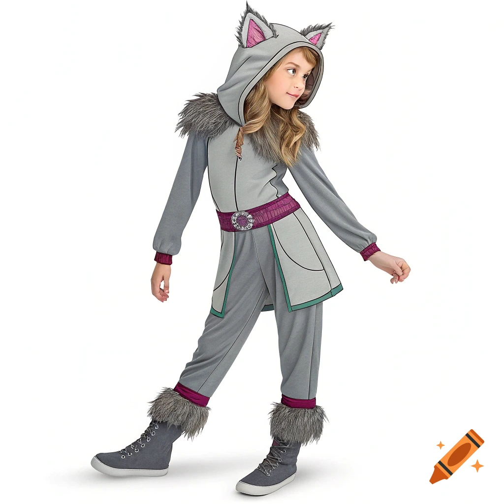 Girl in a gray wolf costume with fur trim and purple belt on white background.