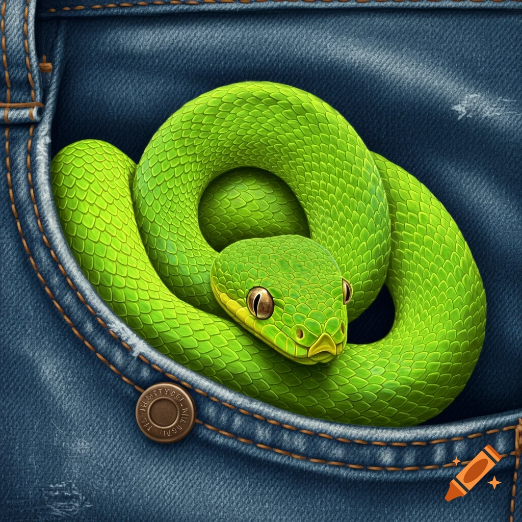 A green snake curled up in a blue jeans pocket.
