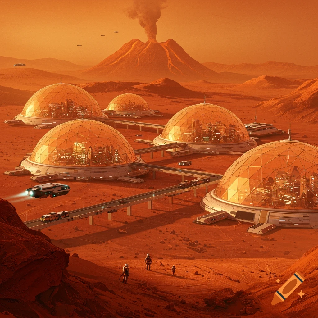 A futuristic Martian dome city with vehicles, people, and a volcano in the background.