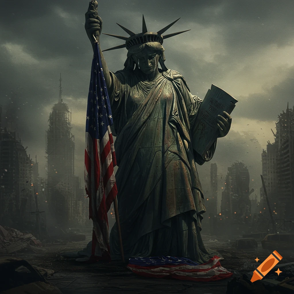 Statue of Liberty crying in a ruined city, holding an American flag.
