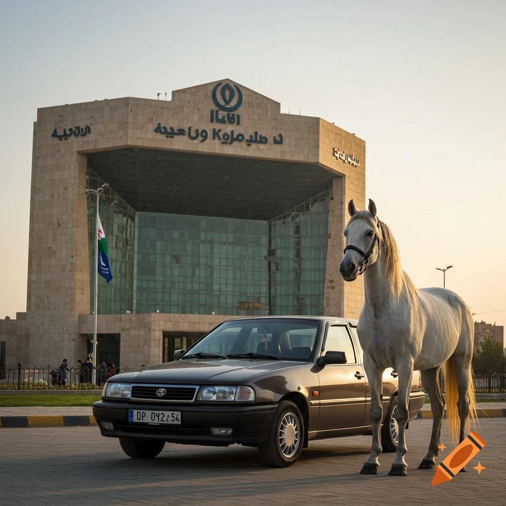 A brown sedan and a white horse stand in front of a large building with a flag, photorealistic style.
