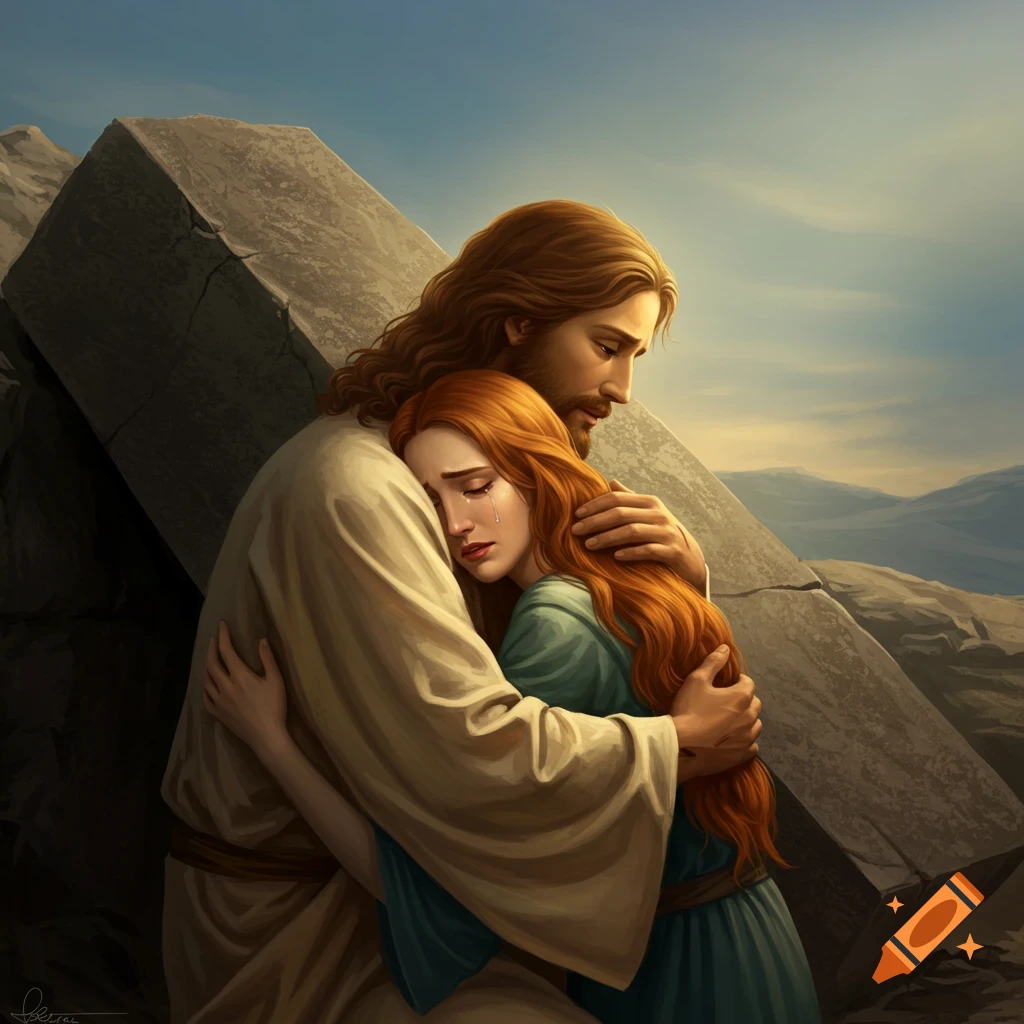 Jesus hugging a weeping Mary Magdalene in a rocky landscape.