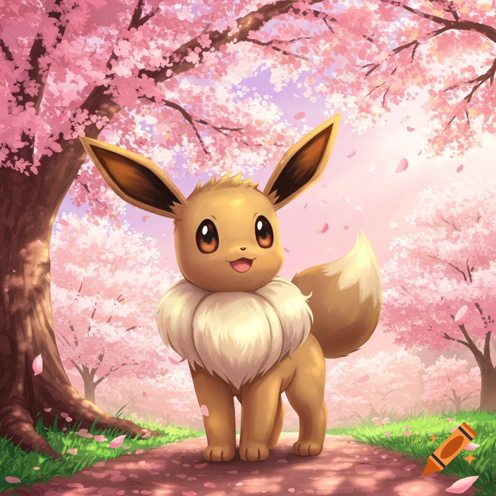 Eevee standing on a path under pink cherry blossom trees