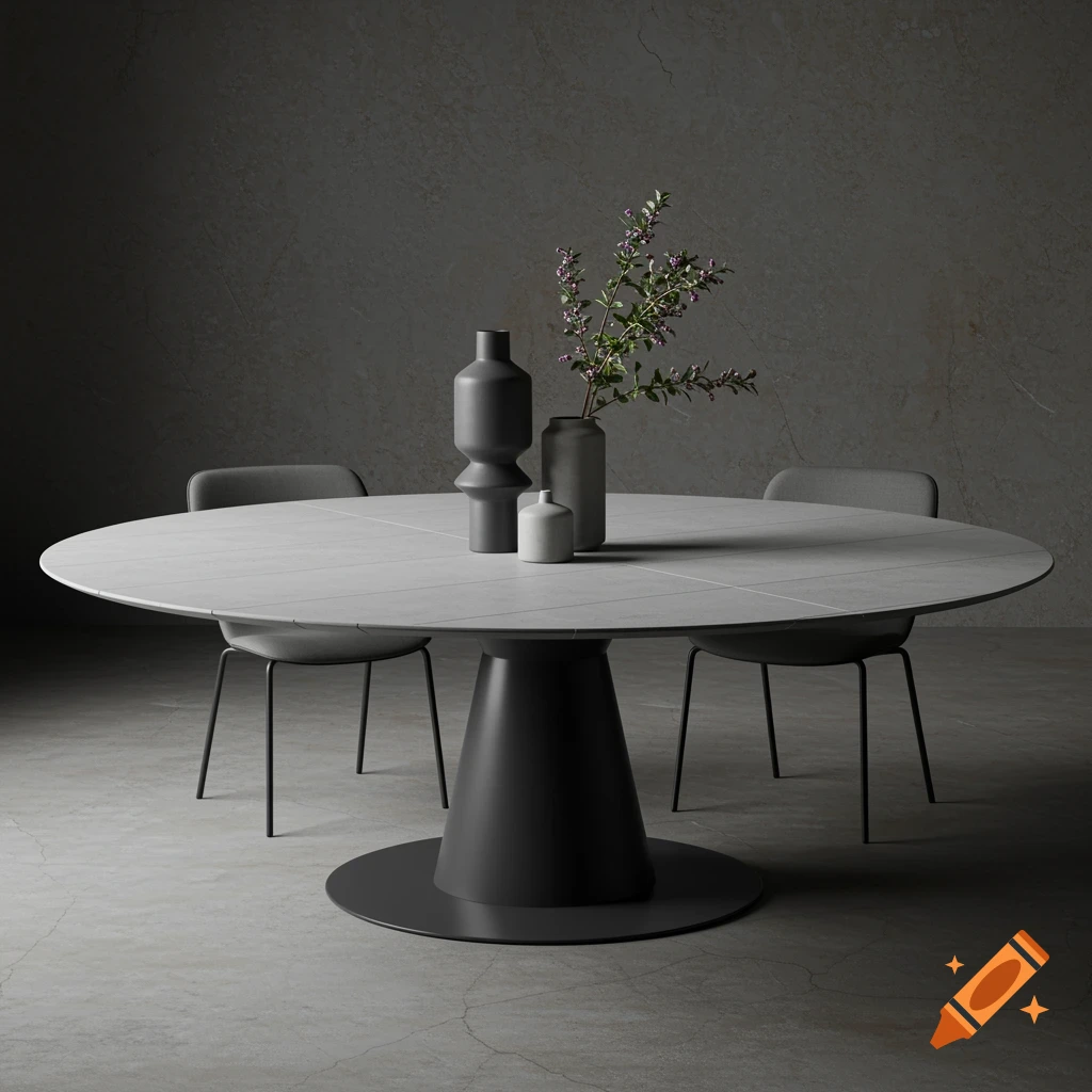 A modern round dining table with chairs and vases in a dark room.