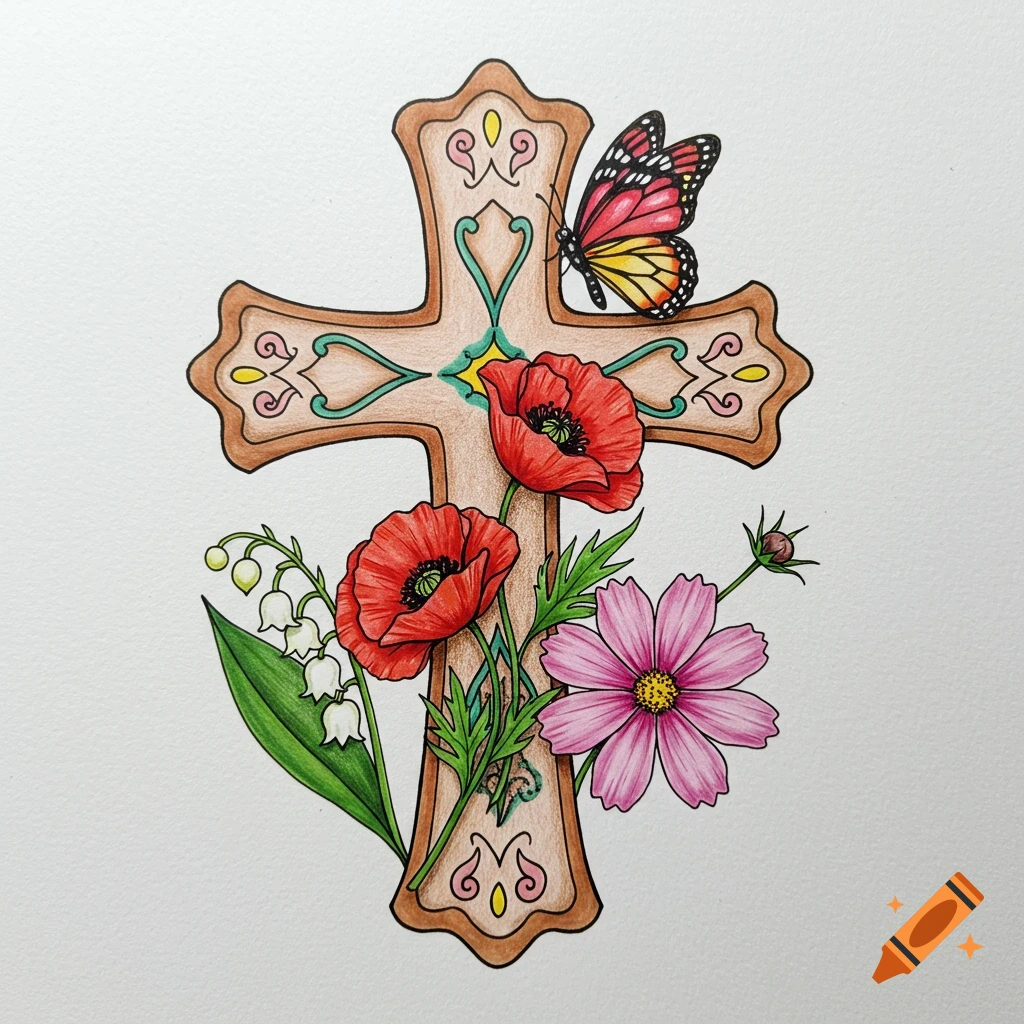 A hand-drawn illustration of a cross with poppies, lily of the valley, a cosmo flower, and a butterfly.