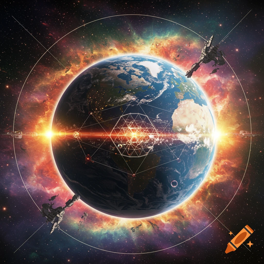 Earth in space with geometric patterns, glowing lines, nebulas, and spaceships.