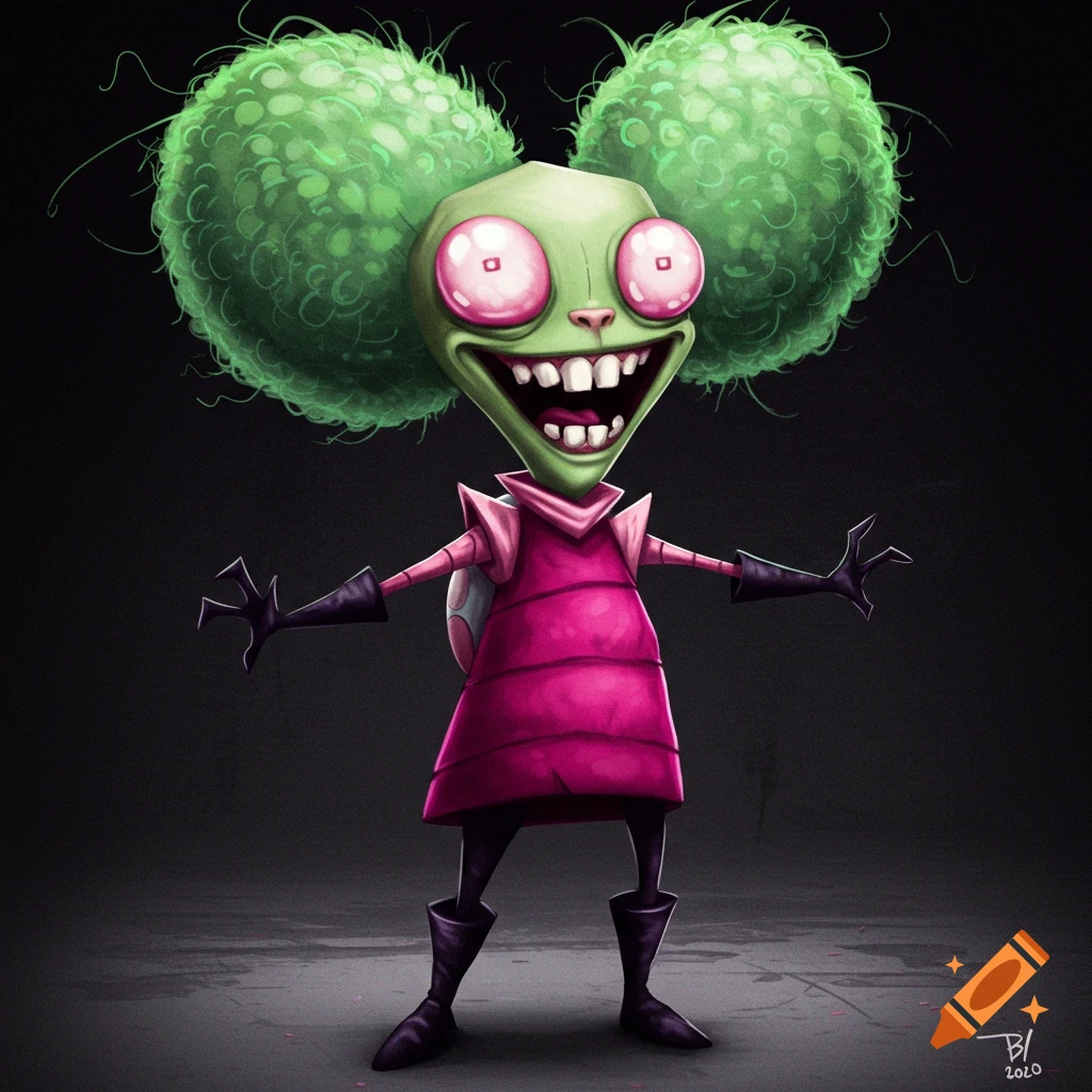 The character Gir from Invader Zim is standing and smiling broadly.