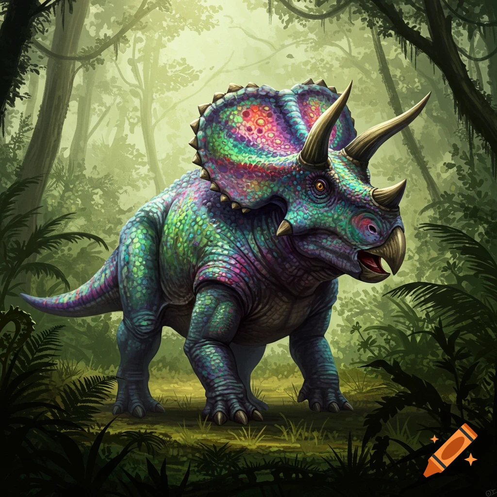 Colorful fantasy Triceratops in a lush jungle.