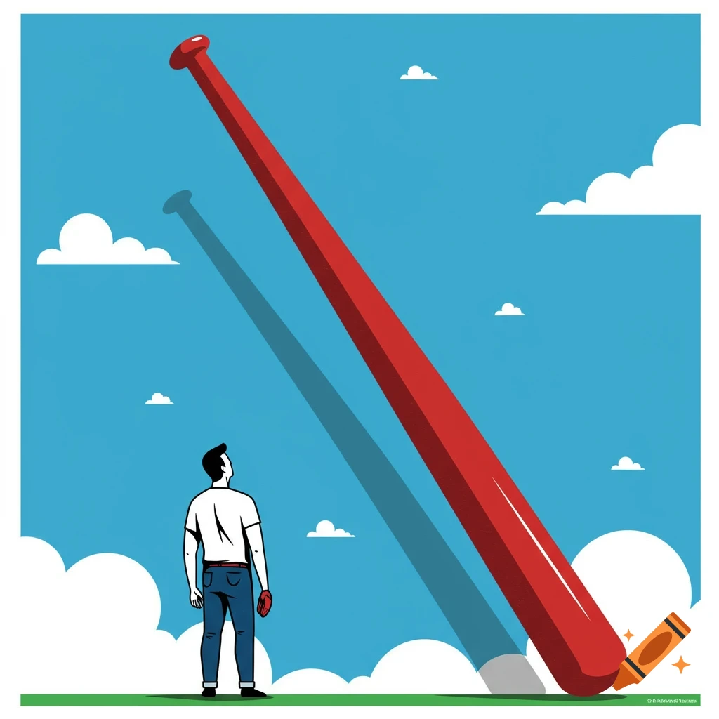 Vector illustration of a person looking up at a giant red baseball bat stretching into the sky.