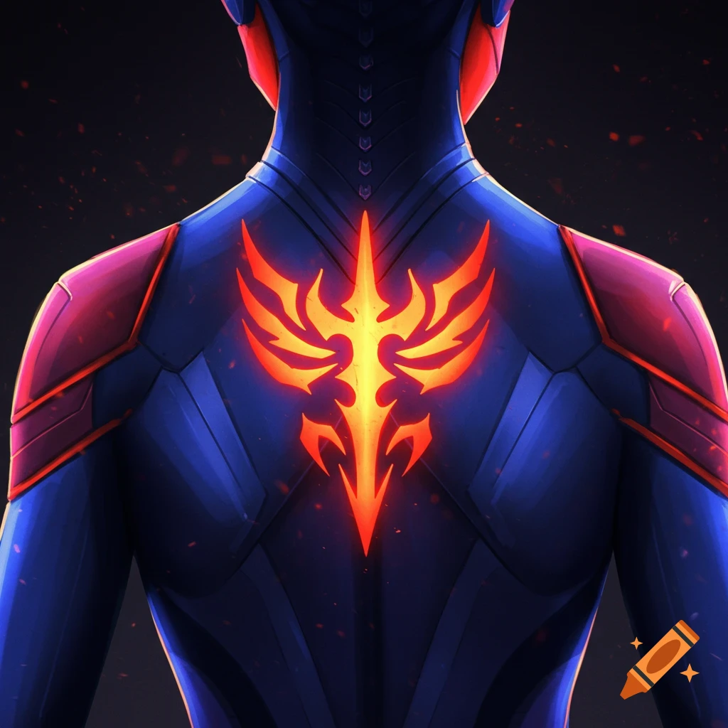 A superhero's back in a blue and red suit with a glowing orange and yellow symbol branded on the upper back.