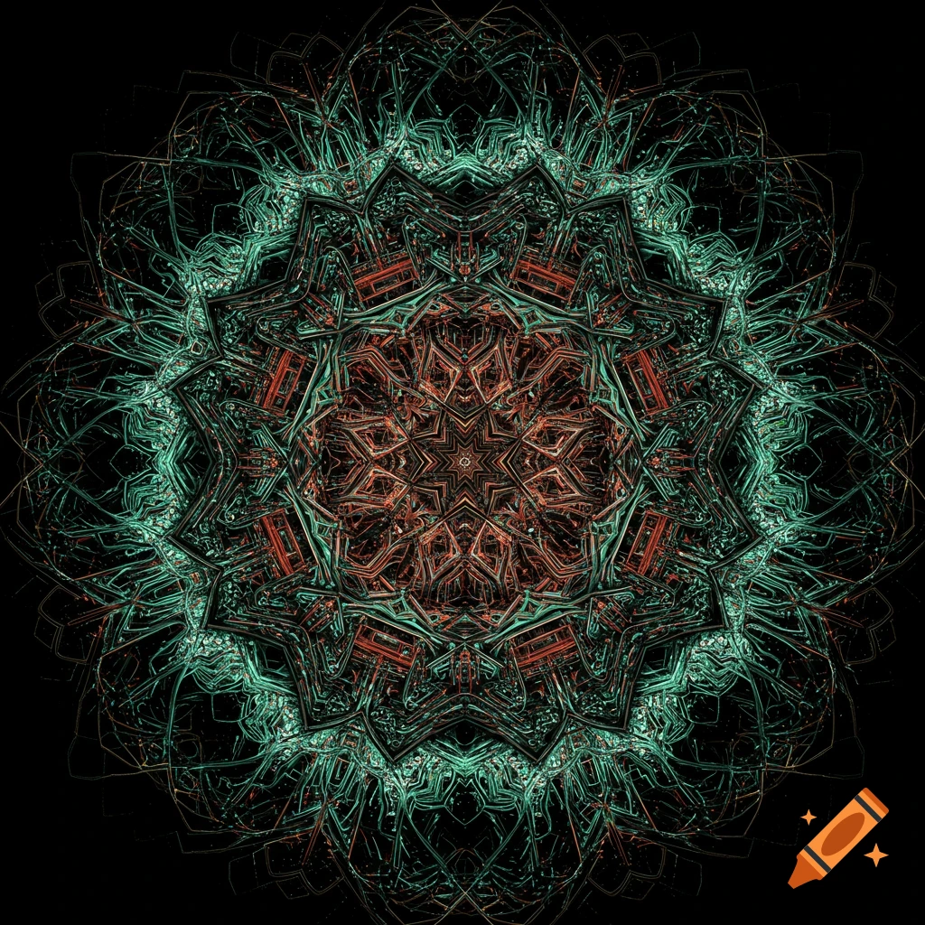 A complex, symmetrical abstract mandala pattern with intertwined teal and red circuit-like lines on a black background.