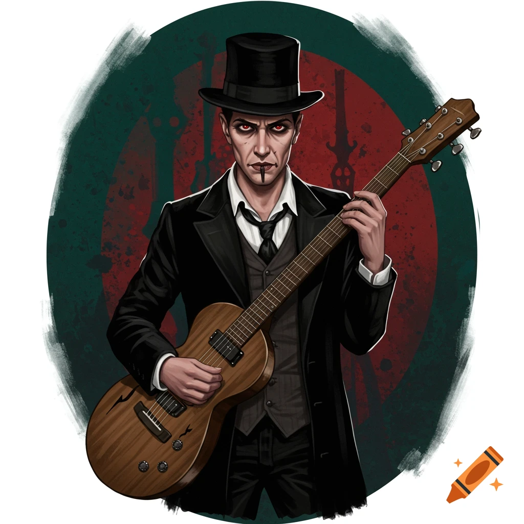 A man in a top hat and suit with red eyes holds a guitar against a dark red and green background.