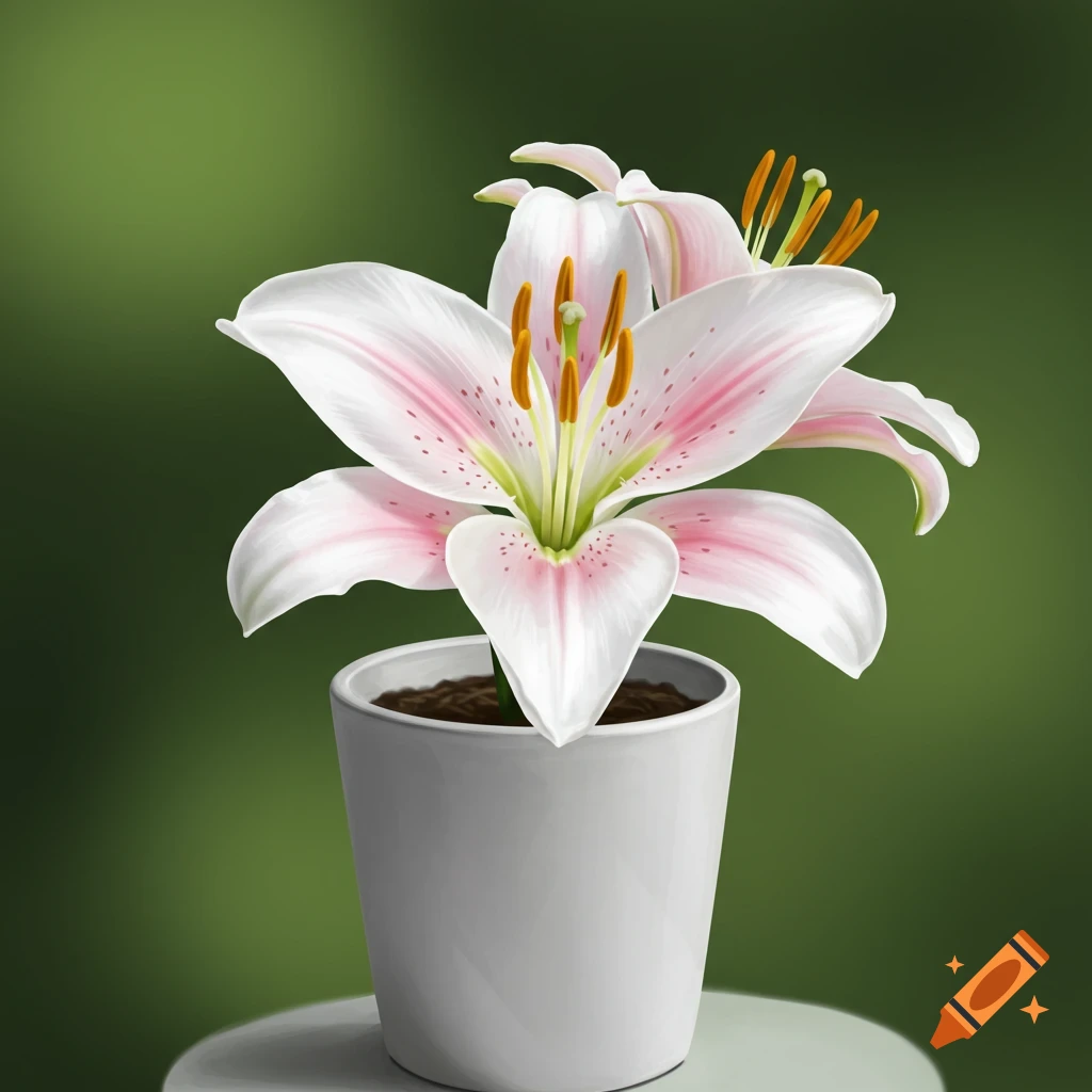 A pink and white lily flower in a white pot against a green background.