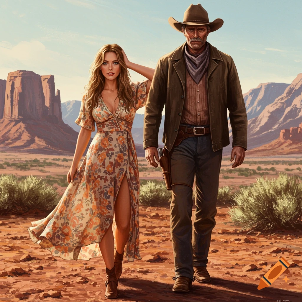 A man in cowboy hat and a woman in a floral dress walk through a desert landscape with mountains.