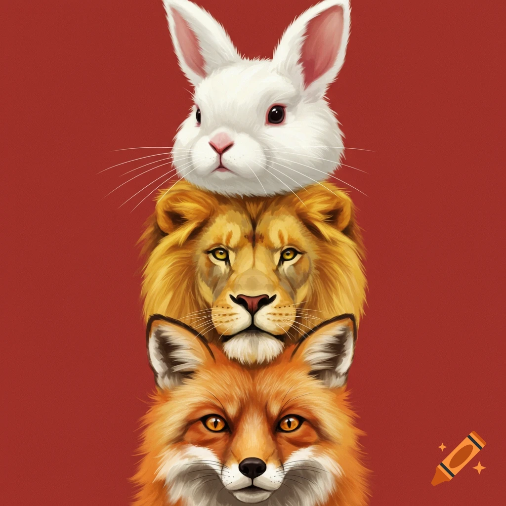 A rabbit head on a lion head on a fox head on a red background.