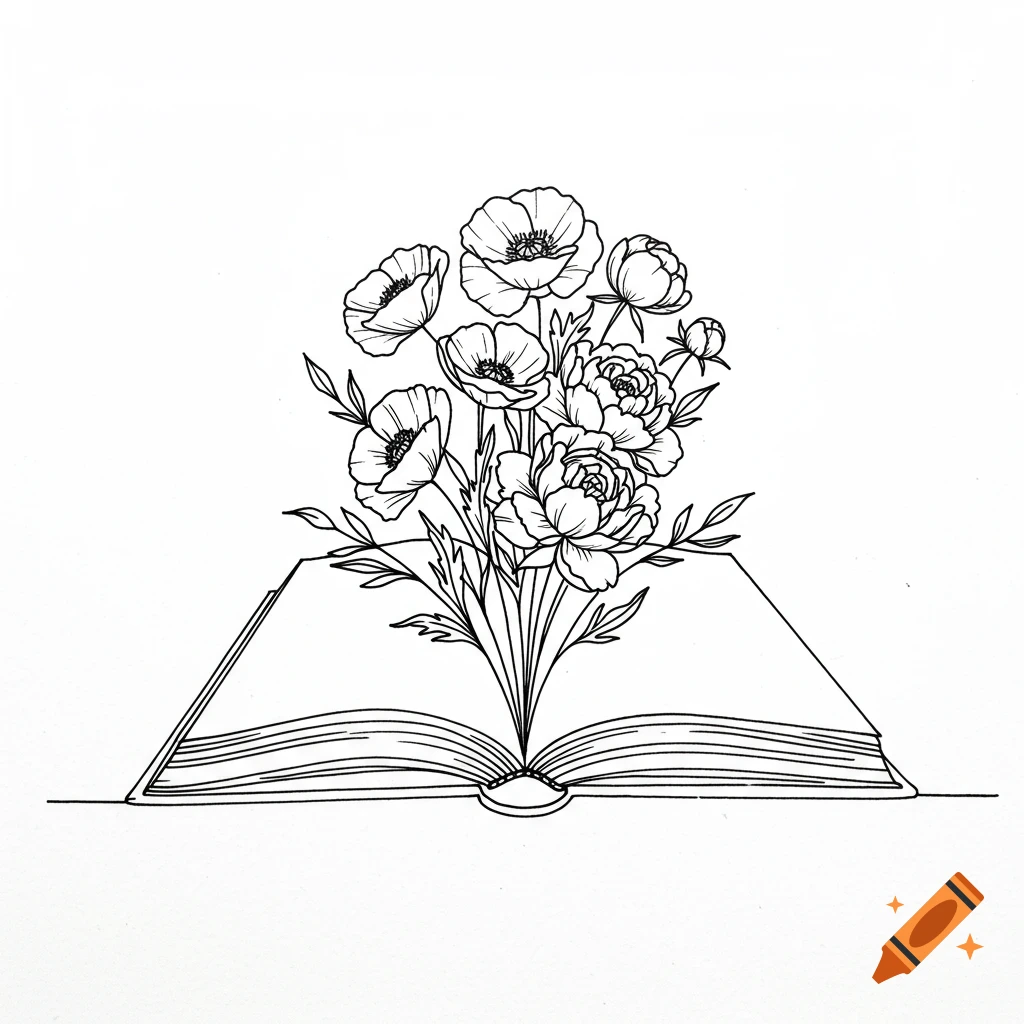 Black and white line drawing of flowers growing out of an open book.
