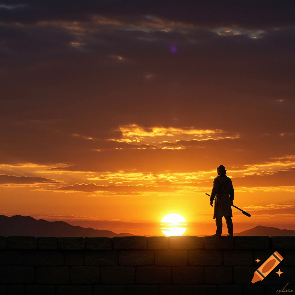Silhouette of a person standing on a wall watching the sunset over mountains.
