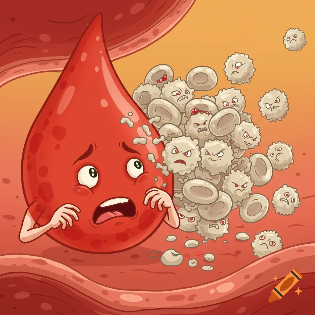 Cartoon blood drop attacked by angry white blood cells in a vessel.