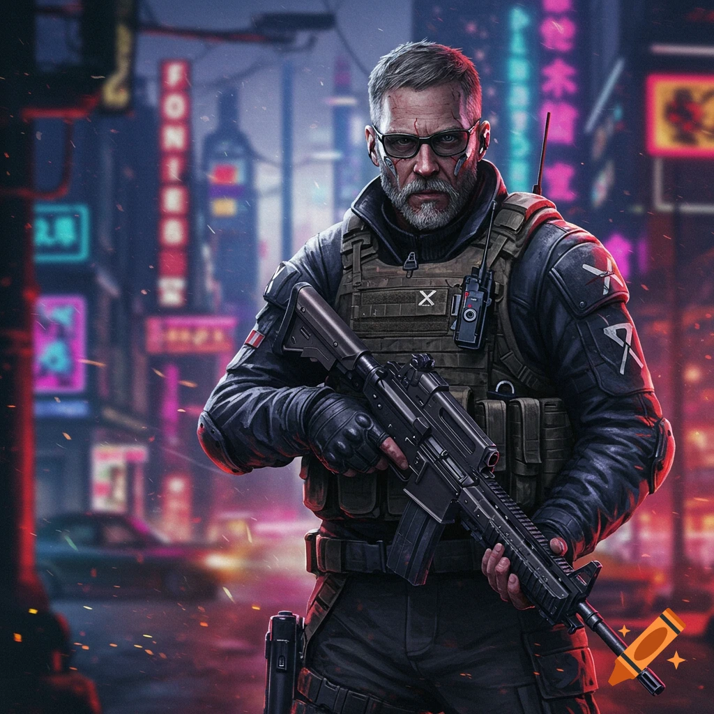 A man in tactical gear with a rifle stands on a neon-lit cyberpunk street.