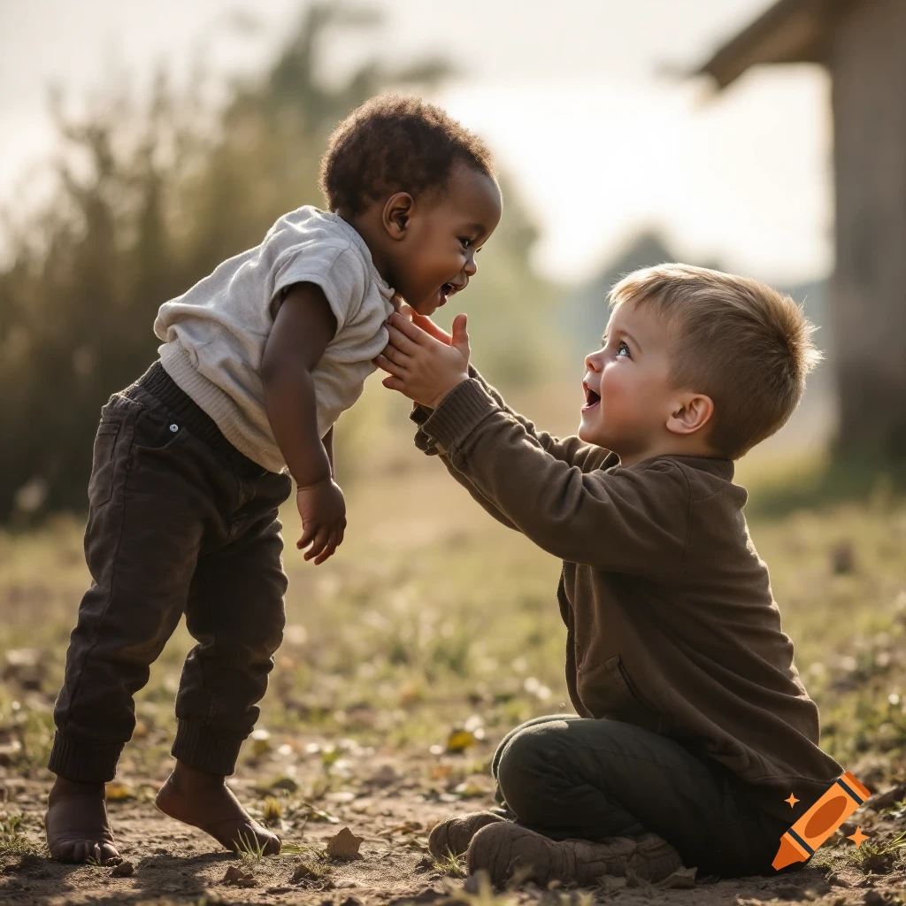 Two young children playing and smiling outdoors, photorealistic