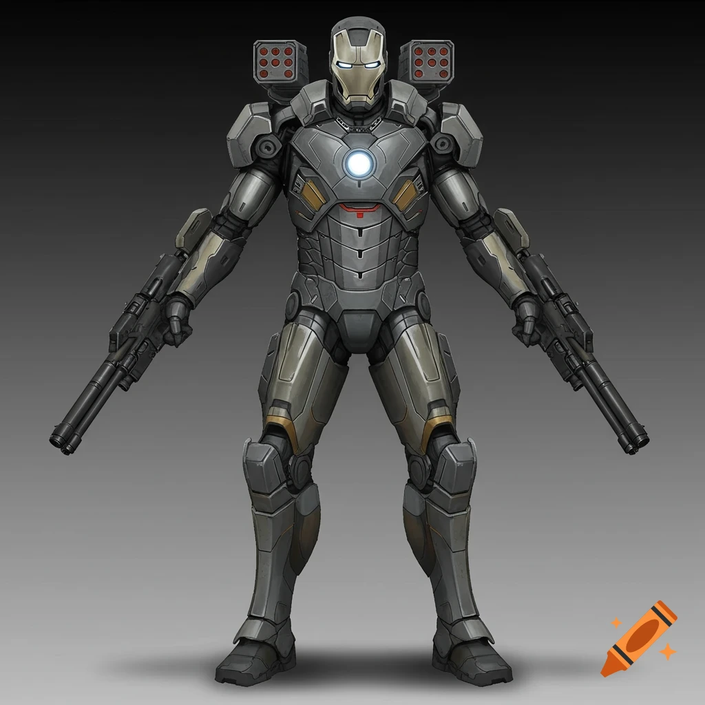 A militarized Iron Man suit in grey and gold with wrist guns and shoulder rocket pods.