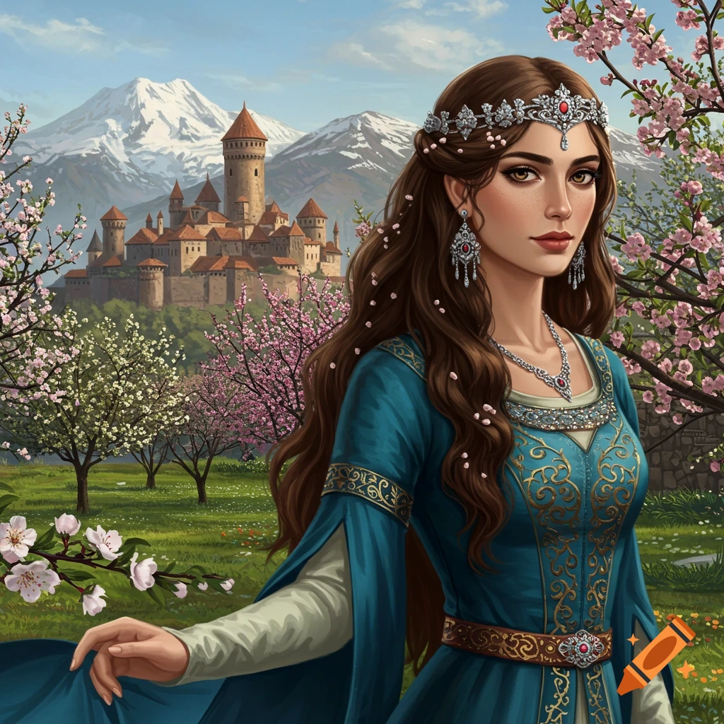 A woman in a blue dress and tiara stands in a garden with a castle and mountains in the background.