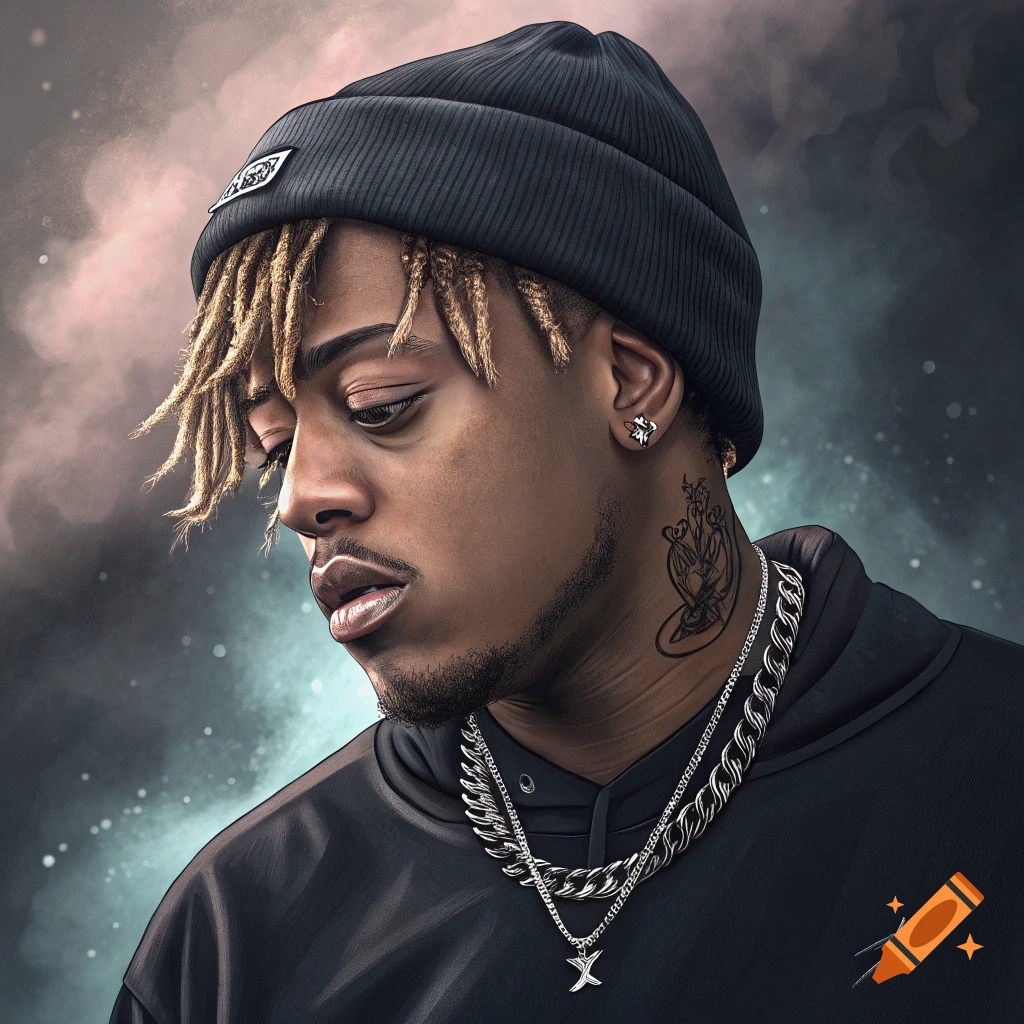 Stylized portrait of a person with dreadlocks wearing a black beanie, chains, and a neck tattoo, looking down.