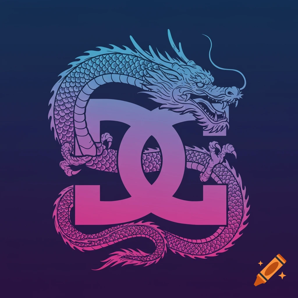 A dragon wrapped around a stylized logo in blue and pink gradient.