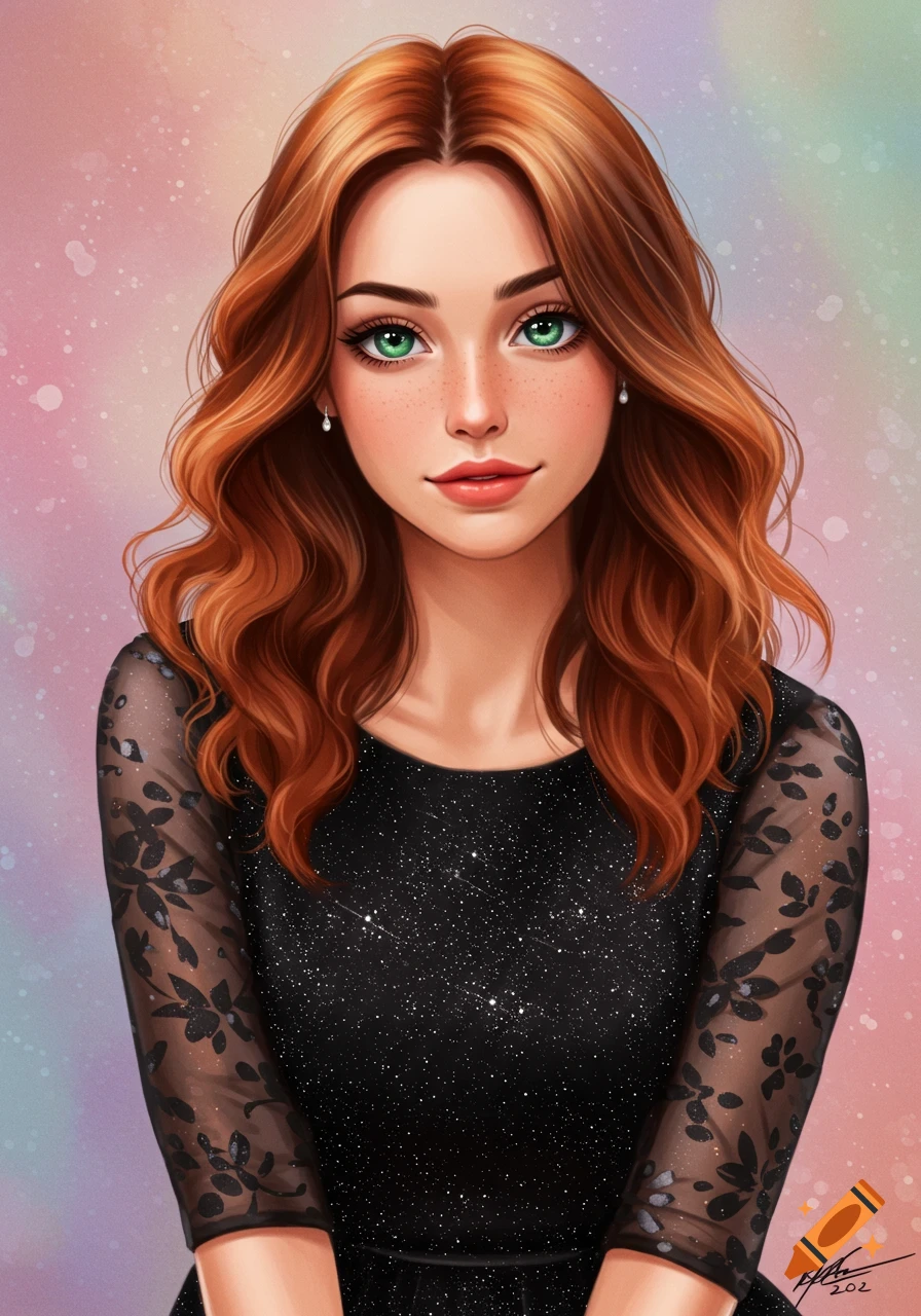A woman with red hair and green eyes in a black dress.