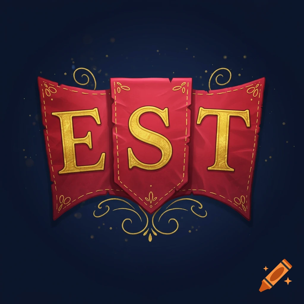 A red and gold banner with the letters E S T.