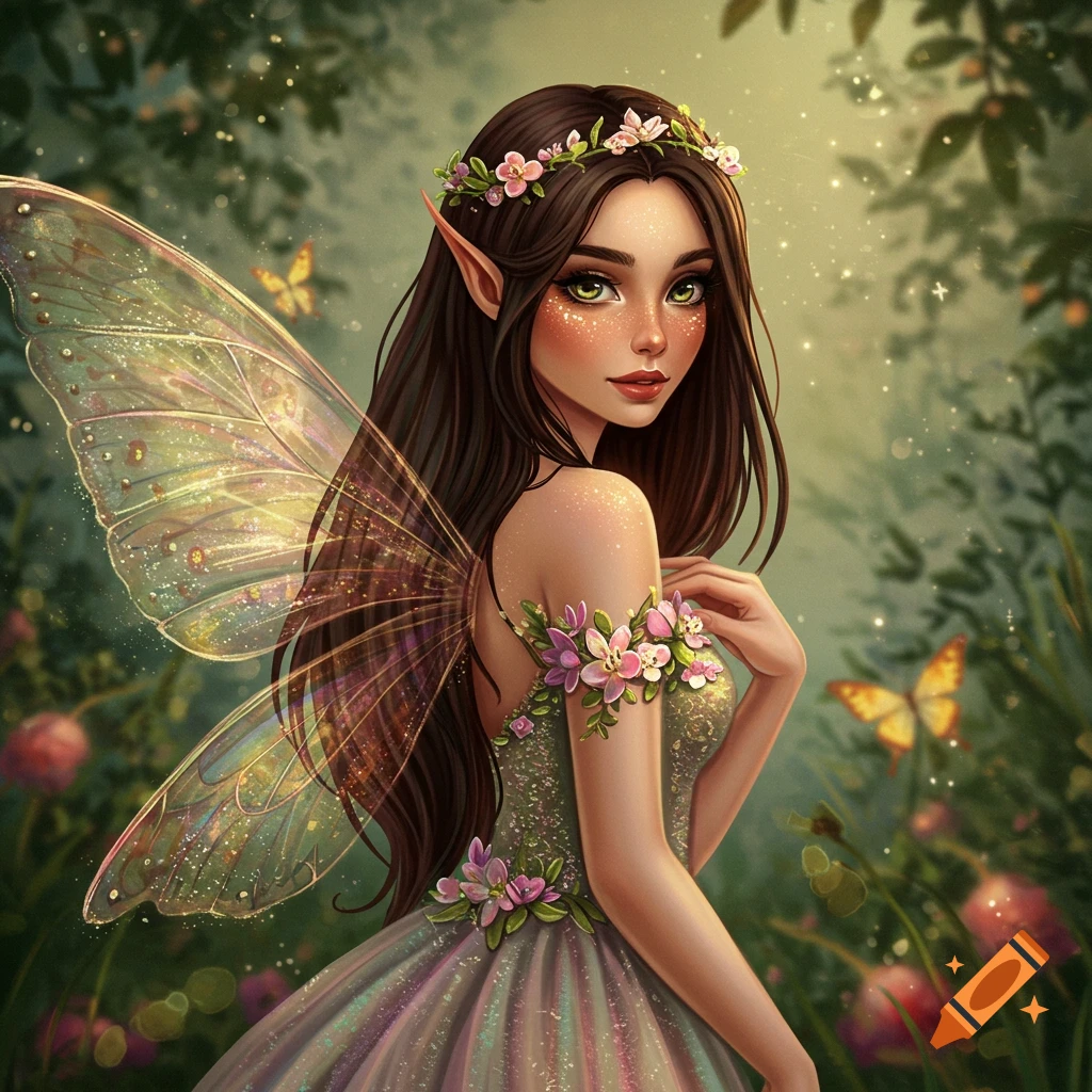 A fairy princess with wings and a flower crown in a forest with butterflies.