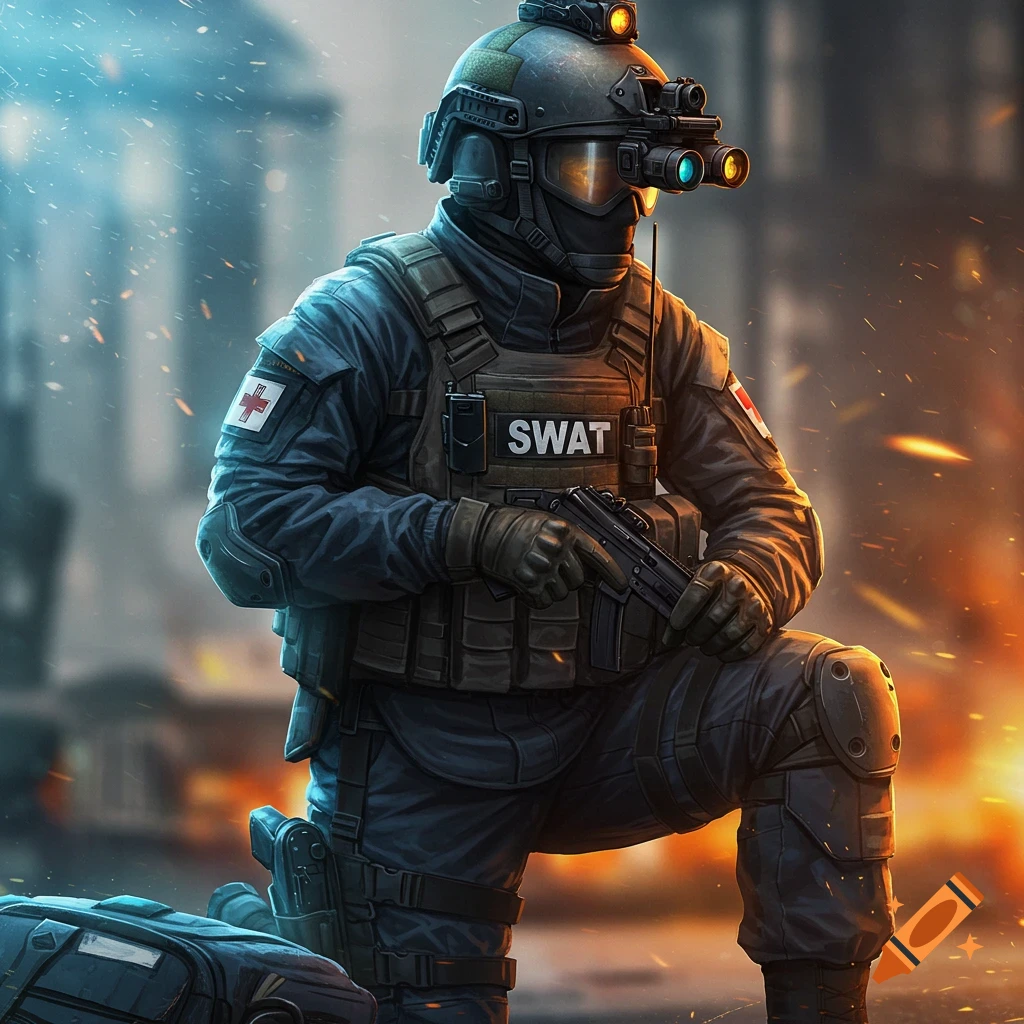 A SWAT medic kneels, wearing tactical gear.