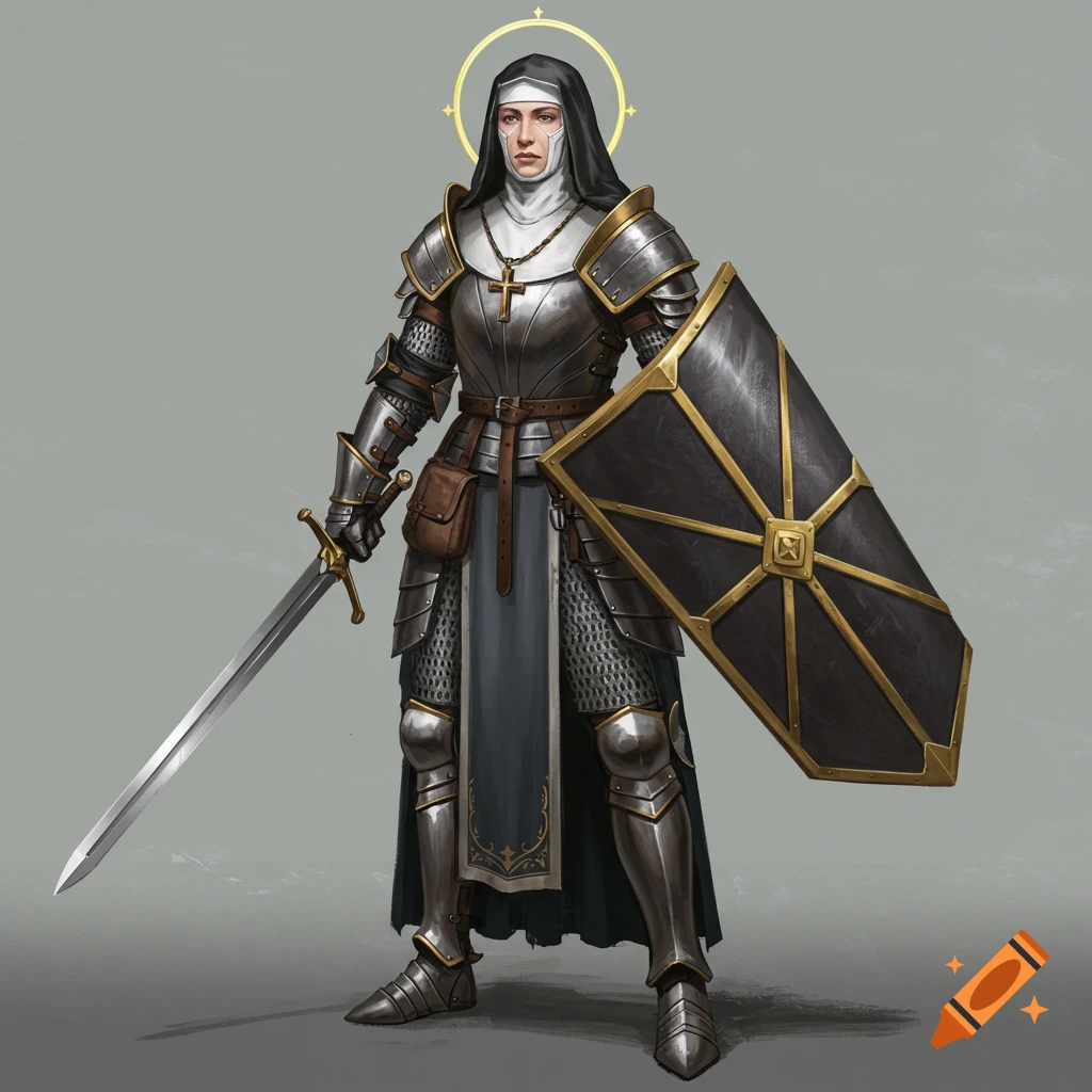 A nun in full plate armor holding a sword and tower shield, with a halo.