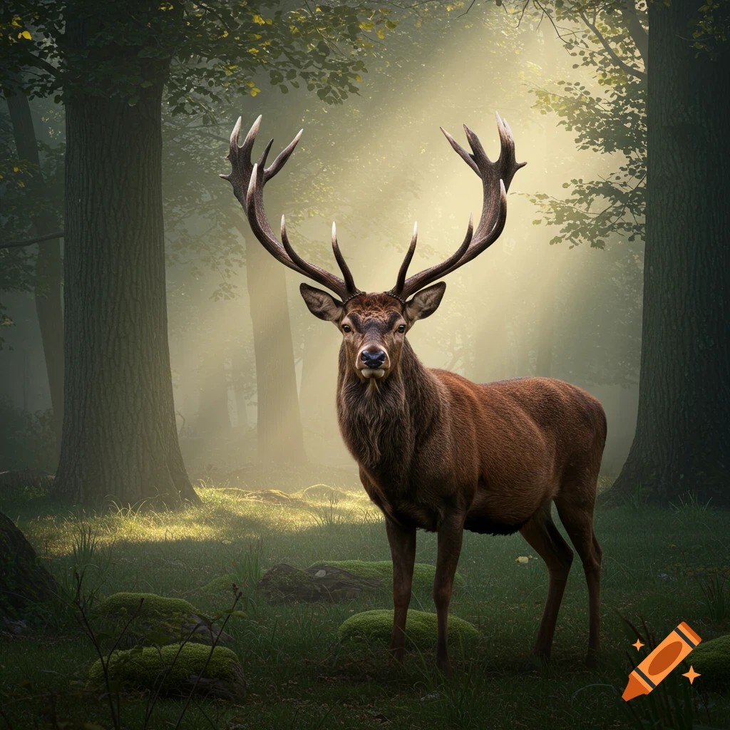 A majestic deer with large antlers stands in a sunlit forest clearing.