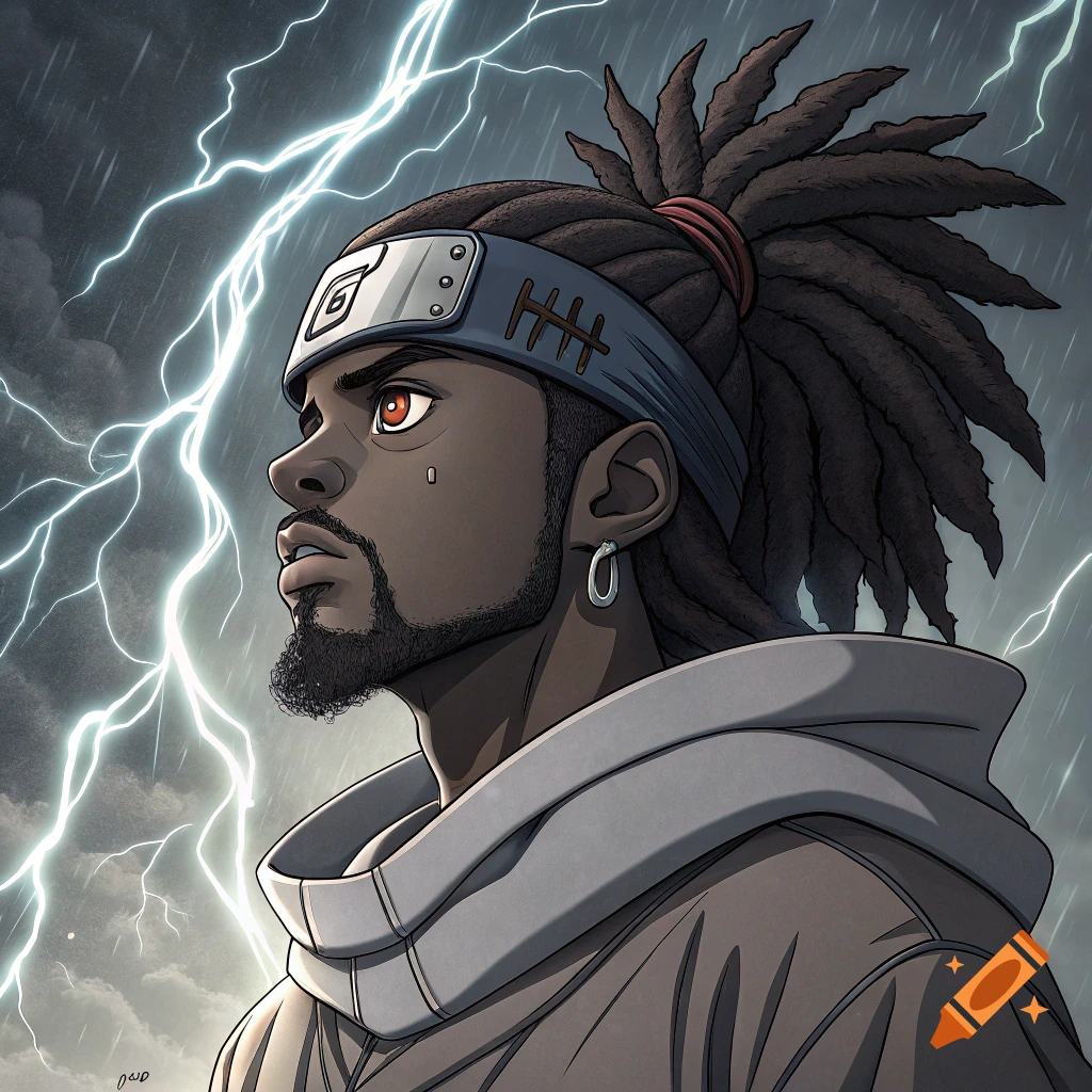 Anime style illustration of a man with dreadlocks and goatee wearing a headband in a lightning storm.