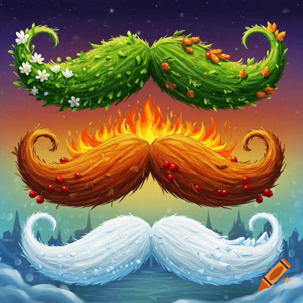 Three stylized mustaches representing seasons: spring, autumn, and winter.