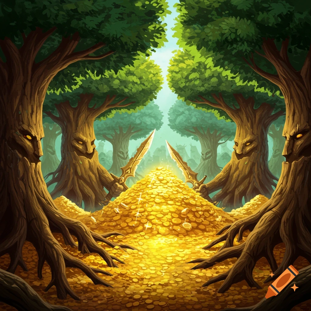 Anthropomorphic trees with glowing eyes hold swords around a pile of gold coins in a forest.