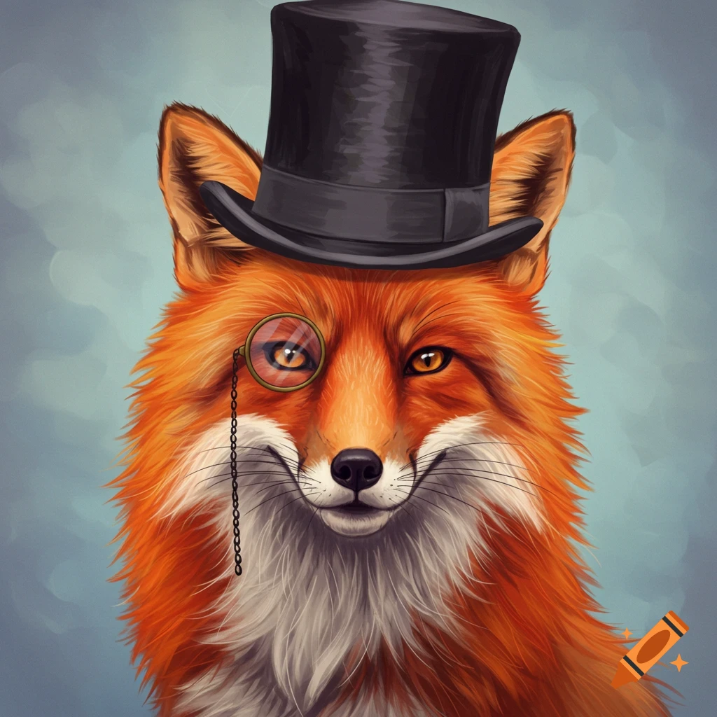 A portrait of a fox wearing a top hat and a monocle.