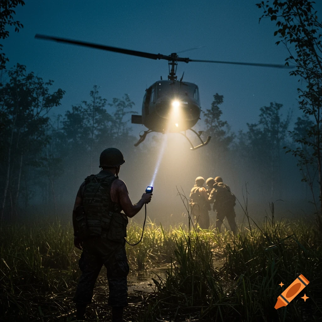 A soldier uses a flashlight to guide a helicopter landing in a dark, misty swamp at night. Photorealistic style.