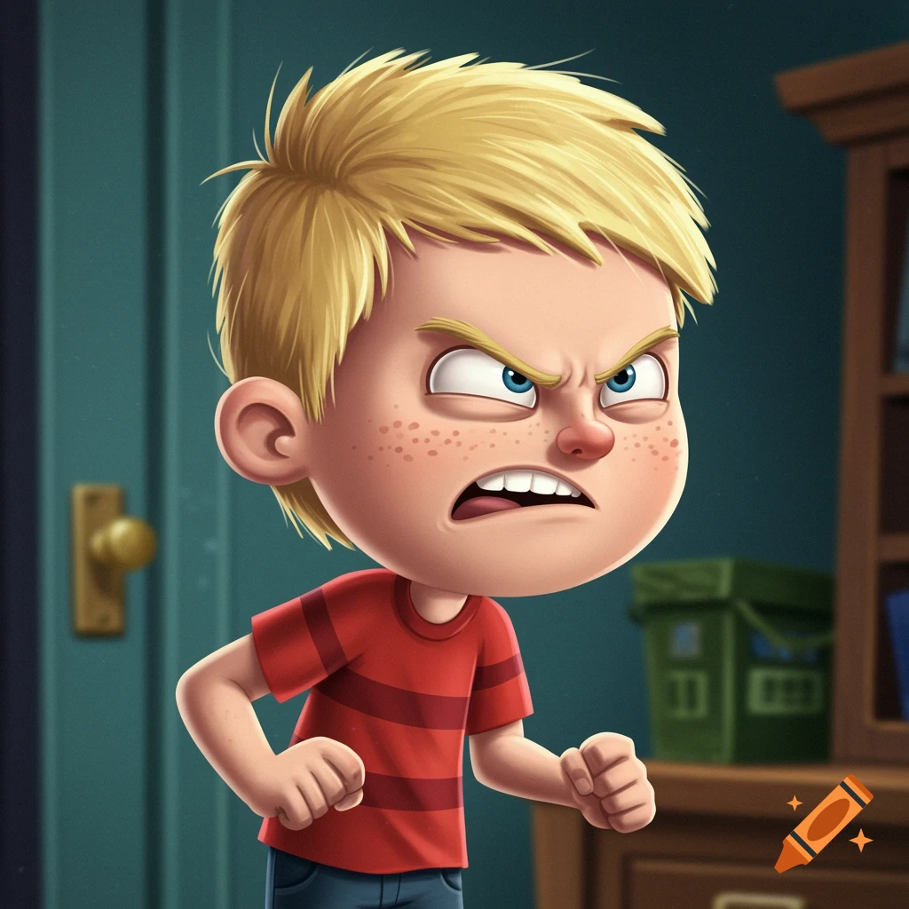 A cartoon boy with blonde hair and freckles looks angry, clenching his fists.