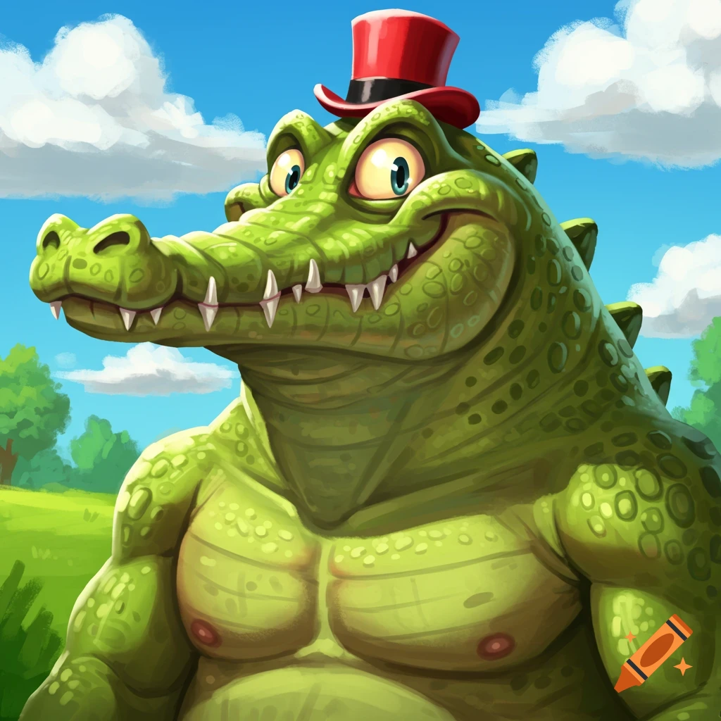 A cartoon crocodile wearing a red top hat smiles broadly in a sunny image.