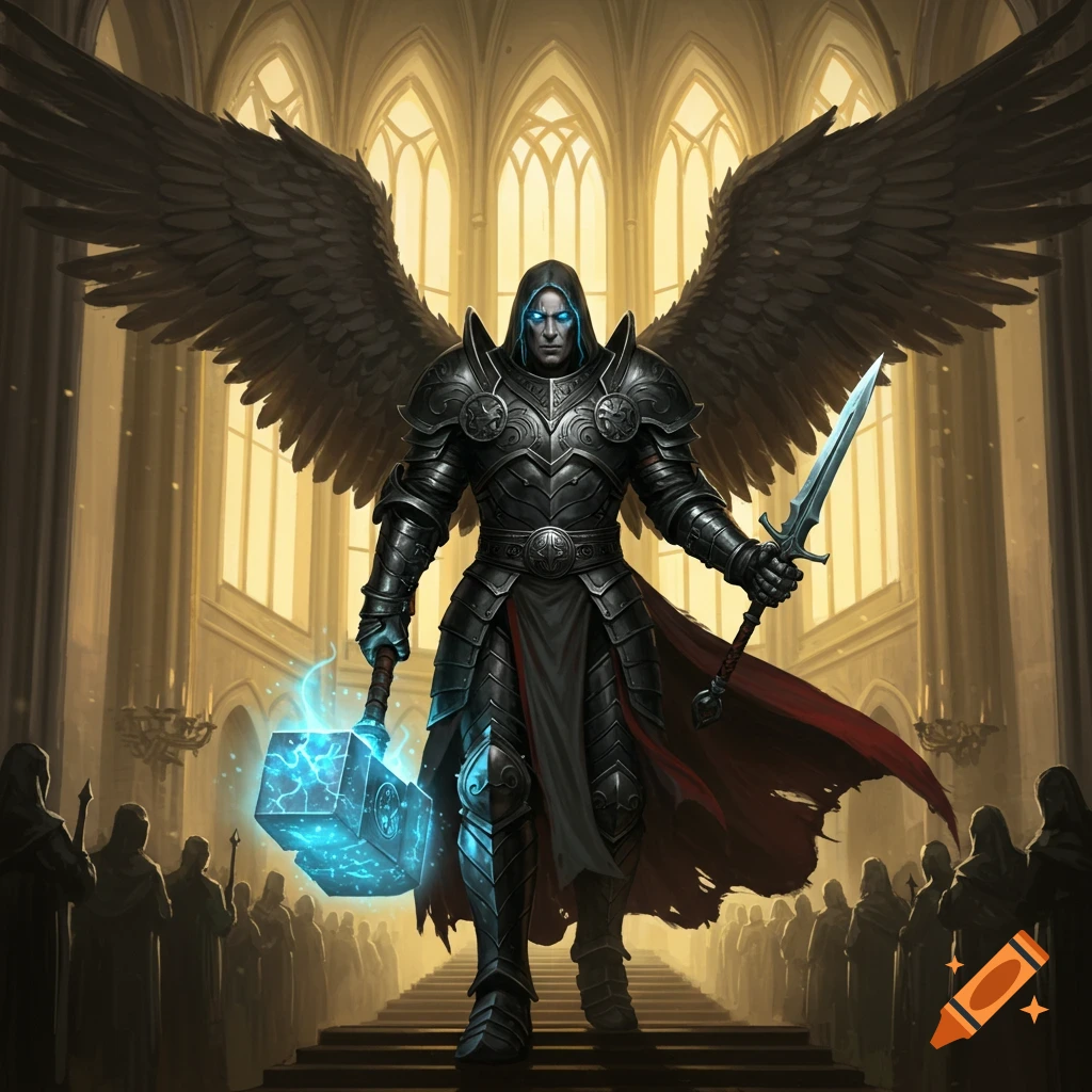 Armored figure with black wings holds glowing hammer and sword in a grand cathedral before robed figures.