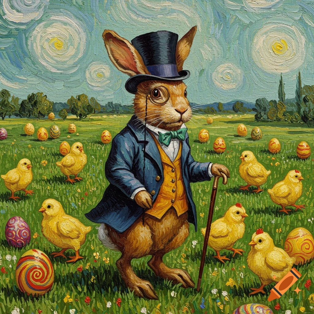 Anthropomorphic rabbit in suit and top hat with monocle walks through a field with chicks and Easter eggs, Van Gogh style painting.