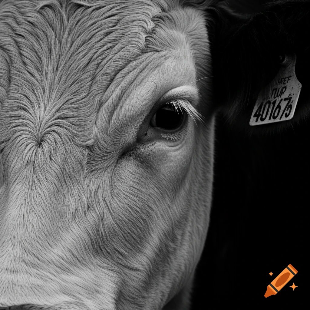 Close-up black and white portrait of a cow's face.