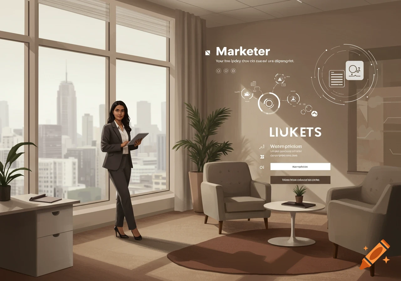A professional woman in an office overlooking a city, holding a tablet.