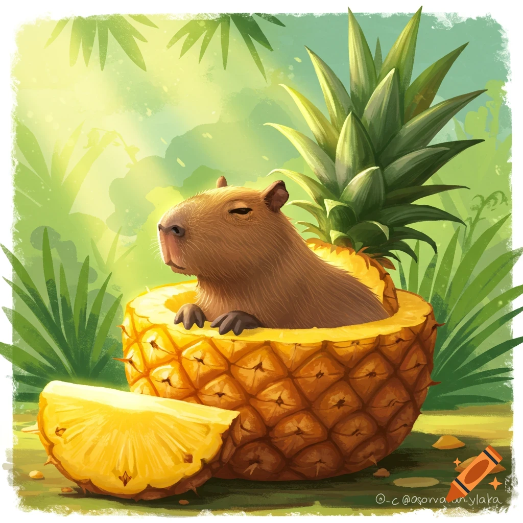 A capybara sits inside a hollowed pineapple in a sunny jungle background.