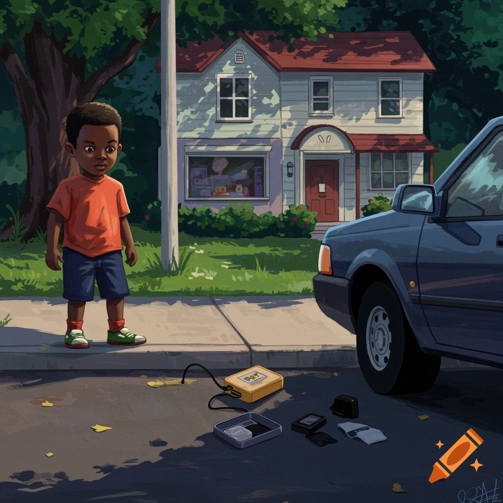 A boy stands on a sidewalk next to a car, looking at items on the ground in front of a house.