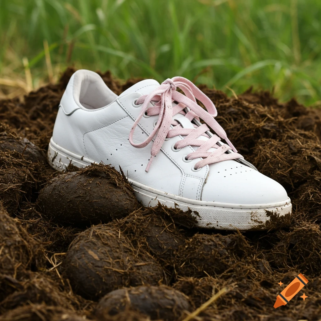 A white sneaker with pink laces buried in a pile of manure.